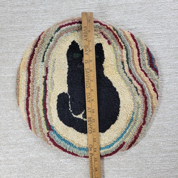 VTG Black Cat Fays Garret Seat Cushion Rug Round Hand Hook Loop Signed Folk Art - Picture 10 of 16